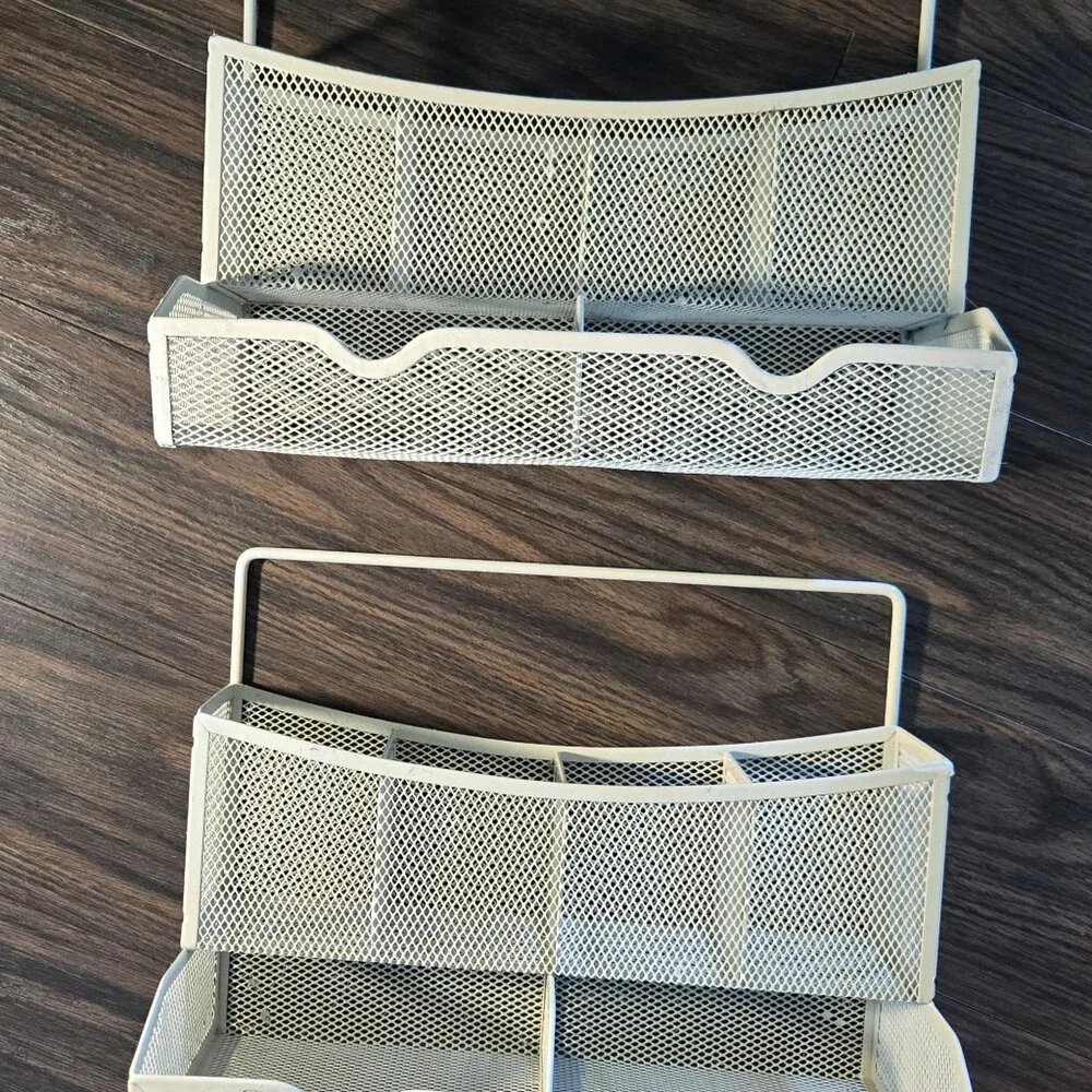 Set of Two Cream-Colored Metal Mesh Hanging or Freestanding Organization Baskets